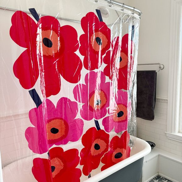 Marimekko Maija Isola Unikko Red Orange Pink Poppy Flowers PVC Shower Curtain - Picture 1 of 10